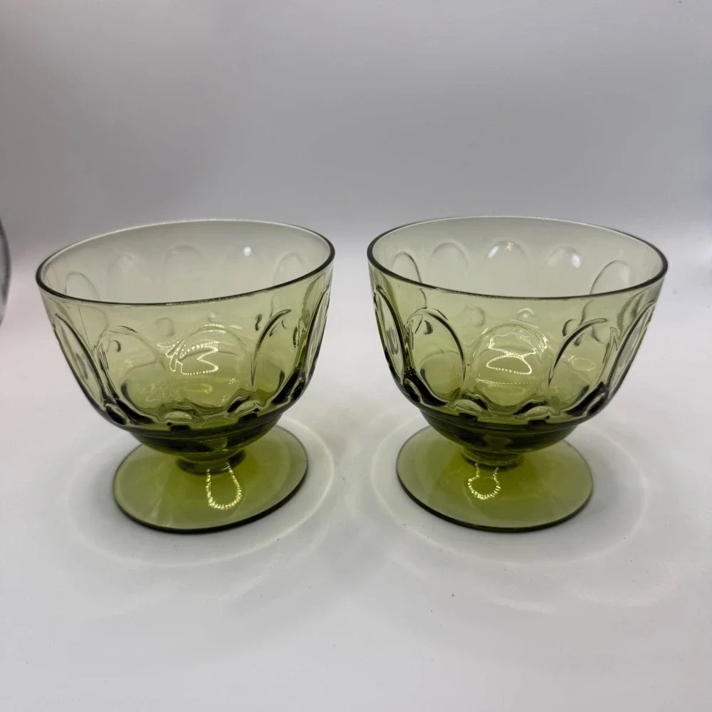 Fostoria Coin Glass Olive Green Footed Dessert Bowls Set of 2 Vintage MCM
